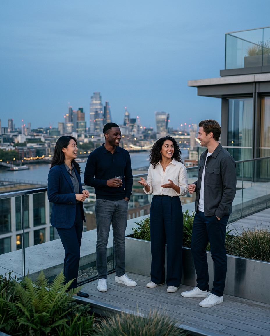 Grupo de amigos reunido em um terraço